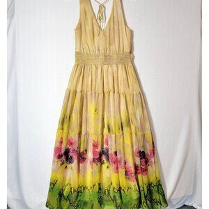 Nick & Mob Summer Dress Womens Sz L Sleeveless Maxi Sheer Lined Yellow & Green